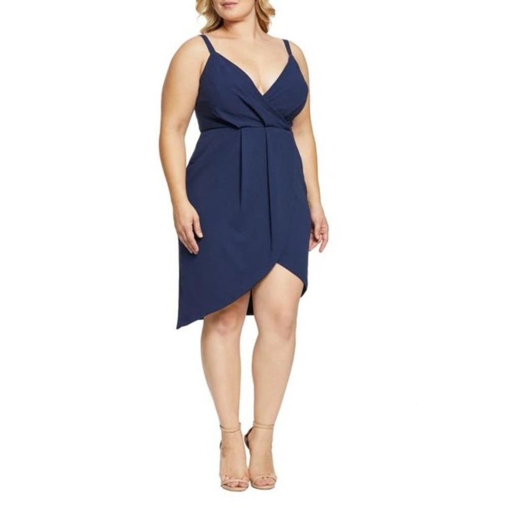 Dress The Population Womens Navy Blue Wrap Front Tulip Hem Cocktail Dress 1X